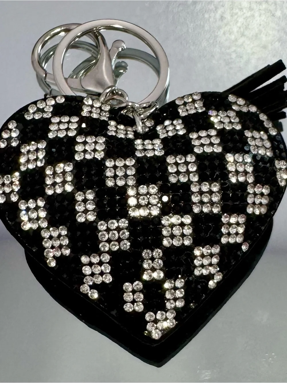 New Black/Silver Checkered Heart Crystal Keychain